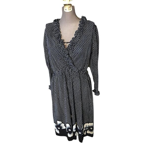 Vintage 60s Navy Polka Dot Dress Ruffle Trim Floral Hem Union Made Cottagecore - Picture 1 of 11
